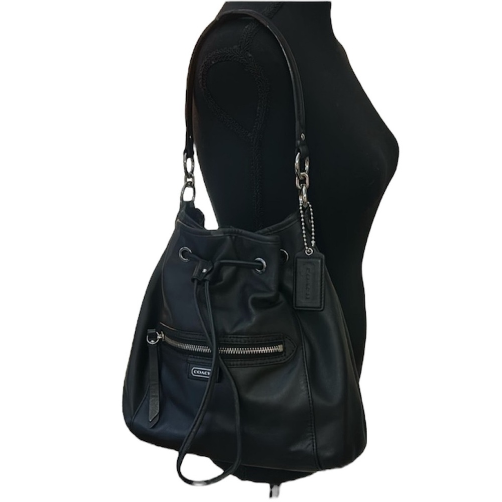 Coach Purse Handbag Black Leather drawstring EUC